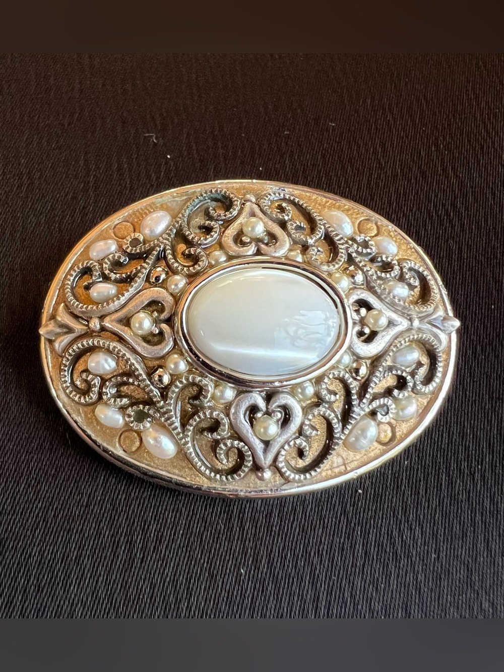 Elegant Michal Logan Ornate Oval Filigree Brooch/Pin Pearl Pendant Vintage